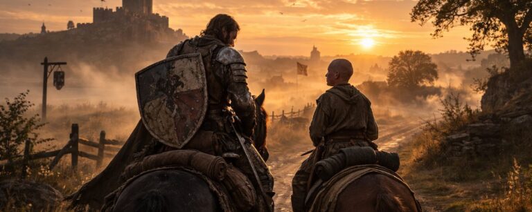 Ser Duncan und Egg reiten bei Morgendämmerung auf einer Landstraße Richtung Horizont – symbolisches Bild für das Finale von A Knight of the Seven Kingdoms.