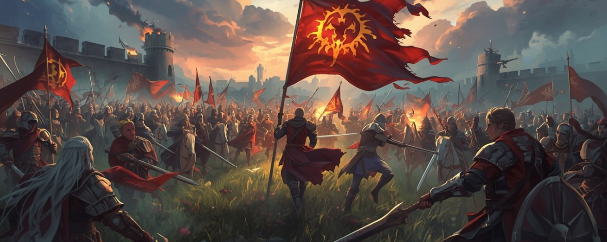 Eine gewaltige Armee von Rittern mit roten Bannern stürmt vor einer Festungsmauer über ein Feld, im Zentrum trägt ein Krieger eine große leuchtende Fraktionsflagge.
