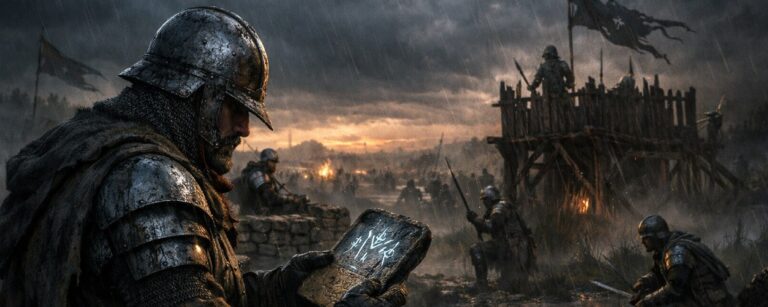 Gepanzerter Söldner studiert eine leuchtende Runenkarte im Regen, während im Hintergrund ein düsteres Schlachtfeld mit Palisade und Kämpfern brennt.