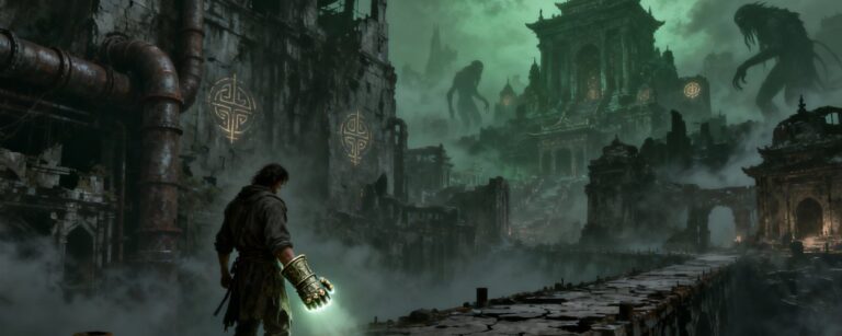 Ein einsamer Mann mit leuchtendem Gauntlet steht in einer zerfallenden Ruinenstadt, umgeben von Nebel und verrottenden Dark-Fantasy-Bauten aus Asthenia.
