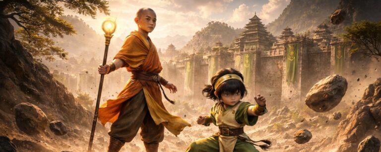 Ein junger Mönch mit leuchtendem Stab und ein kleines, entschlossenes Erdbändiger-Mädchen stehen vor den massiven Mauern des Erdkönigreichs, während Felsen um sie herum in der Luft schweben.