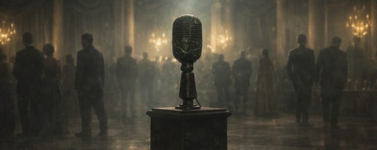 Cineastische Szene in einem großen Gala Saal: Ein altes Mikrofon steht auf einem Sockel in einem magischen Bannkreis, im Hintergrund unscharfe Silhouetten elegant gekleideter Menschen und warmes Licht.