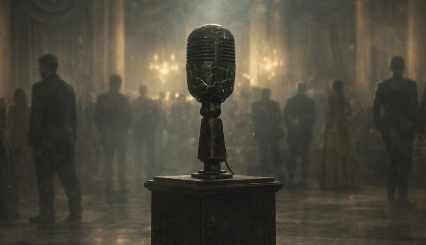 Cineastische Szene in einem großen Gala Saal: Ein altes Mikrofon steht auf einem Sockel in einem magischen Bannkreis, im Hintergrund unscharfe Silhouetten elegant gekleideter Menschen und warmes Licht.