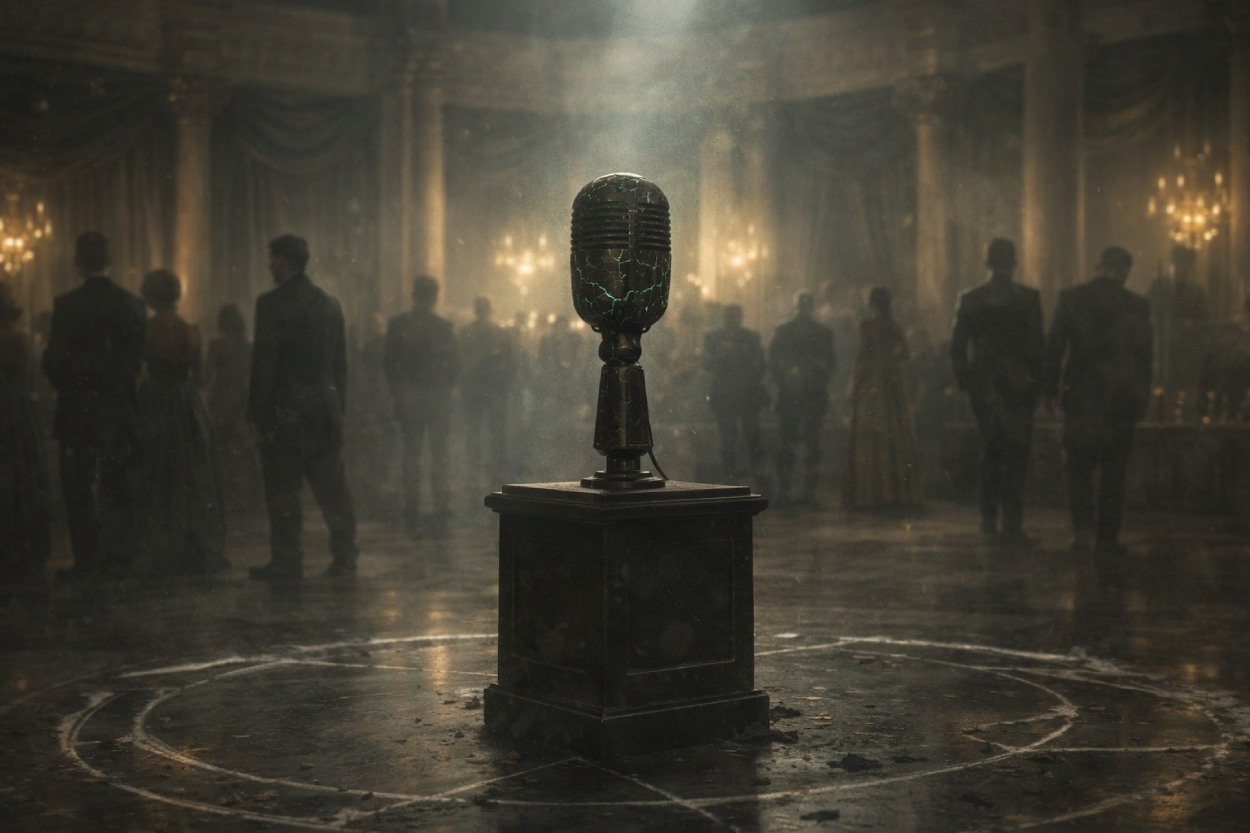 Cineastische Szene in einem großen Gala Saal: Ein altes Mikrofon steht auf einem Sockel in einem magischen Bannkreis, im Hintergrund unscharfe Silhouetten elegant gekleideter Menschen und warmes Licht.