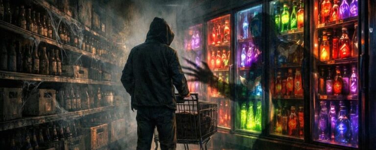 Person mit Kapuzenjacke steht mit Einkaufswagen in einem dunklen Supermarktgang; links verstaubte Bierflaschen in alten Kisten, rechts leuchtende bunte Zaubertränke in Kühlschränken, aus deren Licht eine dunkle Schattenhand zum Kunden greift.