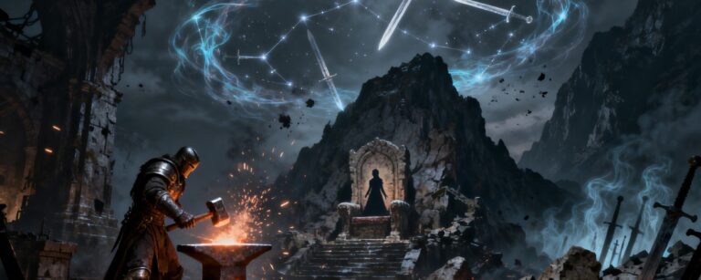 Ein gepanzerter Schmied bearbeitet in einer ruinösen Bergschmiede ein glühendes Schwert am Amboss, im Hintergrund sitzt eine Königin auf einem Felsenthron, über ihr kreisen leuchtende Klingen wie ein Sternbild – Symbolbild für Blades of Fire 2.0.