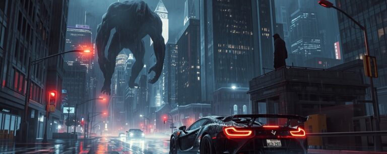 Ein schwarzer Sportwagen jagt bei Regen durch eine neonbeleuchtete Großstadt, vor ihm schwebt ein riesiges Schattenmonster zwischen den Hochhäusern.