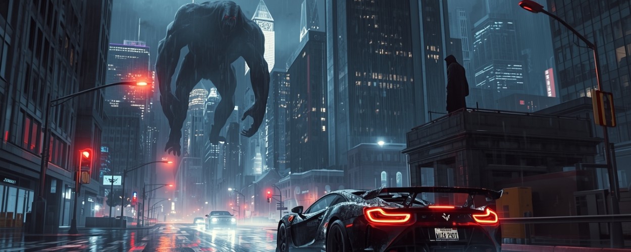 Ein schwarzer Sportwagen jagt bei Regen durch eine neonbeleuchtete Großstadt, vor ihm schwebt ein riesiges Schattenmonster zwischen den Hochhäusern.