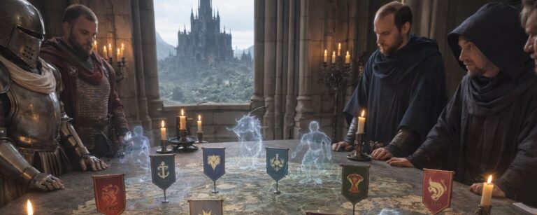 In einer düsteren Thronsaal-Szene steht ein Kontinent als Kriegskarte auf einem Steintisch, umgeben von Bannern und Kommandanten, während geisterhafte Monster aus der Karte aufsteigen – Symbolbild für Brigandine: Abyss und seinen Strategie-Sandkasten.