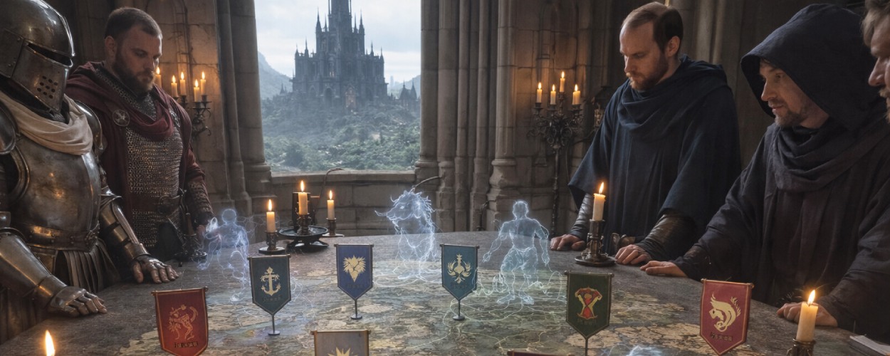 In einer düsteren Thronsaal-Szene steht ein Kontinent als Kriegskarte auf einem Steintisch, umgeben von Bannern und Kommandanten, während geisterhafte Monster aus der Karte aufsteigen – Symbolbild für Brigandine: Abyss und seinen Strategie-Sandkasten.