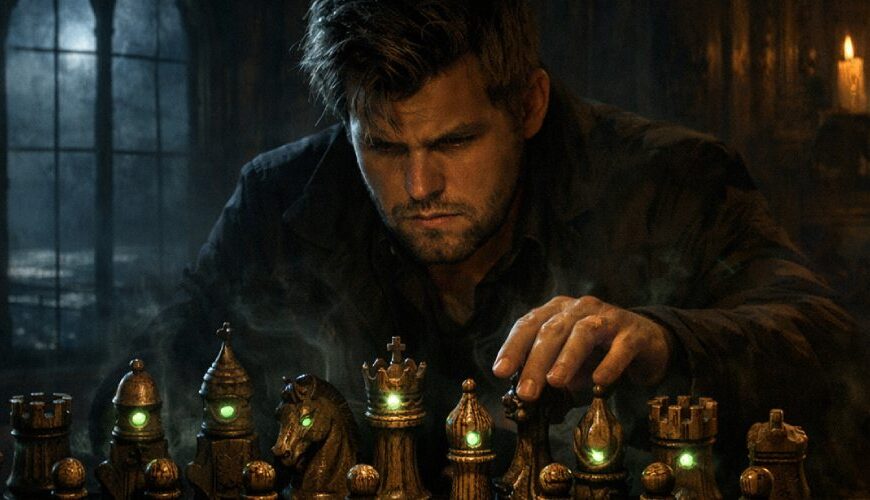 Schachbrett in einem düsteren Schlossraum mit wild durcheinandergewürfelten Figuren auf der Grundlinie, aus deren Augen ein schwaches grünliches Leuchten dringt, während Magnus Carlsen mit angespanntem Gesicht über das Brett gebeugt sitzt.