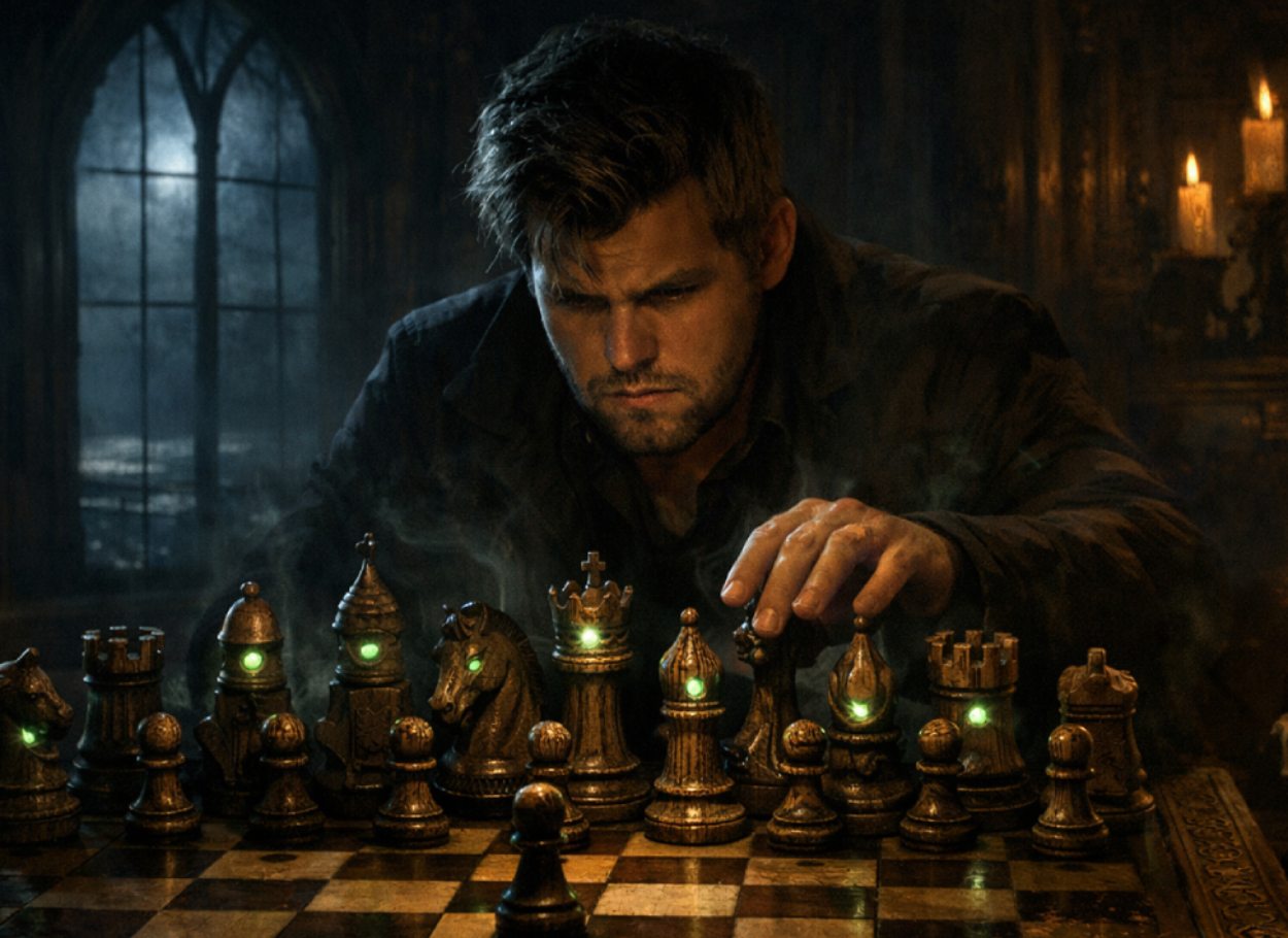 Nachtaufnahme einer nassen, glänzenden Dorfstraße in einem alpinen Ort mit Häusern und Balkonen voller Menschen, die nach oben blicken und mit dem Handy filmen, über dem sternklaren Himmel zieht schräg ein leuchtend türkisblauer Lichtstreifen, in dem die Gestalt eines riesigen Drachen aus Licht mit Kopf und langem Schweif erkennbar ist.