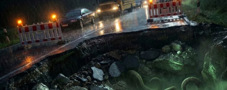 Nachtaufnahme einer im Regen abgesperrten Landstraße in Coesfeld (NRW), im Vordergrund ein großer Straßeneinbruch mit zerbrochenem Asphalt und giftgrünem Nebel, in dessen Tiefe nur schemenhaft wurmartige Tentakel und Schädel angedeutet sind, im Hintergrund stehen Schulbus und Autos hinter Warnbaken.