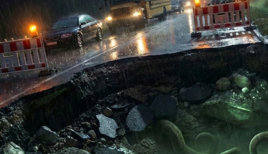 Nachtaufnahme einer im Regen abgesperrten Landstraße in Coesfeld (NRW), im Vordergrund ein großer Straßeneinbruch mit zerbrochenem Asphalt und giftgrünem Nebel, in dessen Tiefe nur schemenhaft wurmartige Tentakel und Schädel angedeutet sind, im Hintergrund stehen Schulbus und Autos hinter Warnbaken.