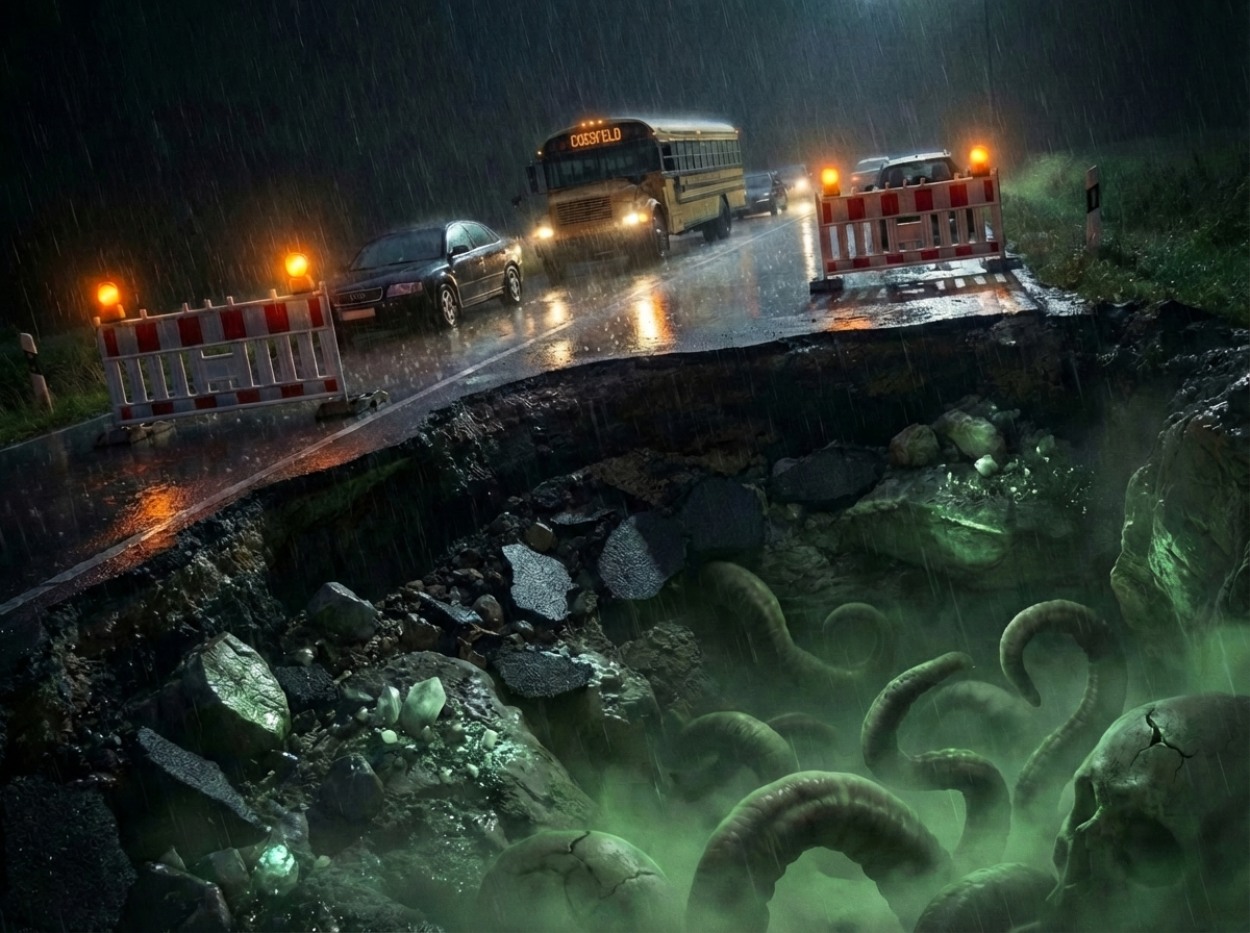 Nachtaufnahme einer im Regen abgesperrten Landstraße in Coesfeld (NRW), im Vordergrund ein großer Straßeneinbruch mit zerbrochenem Asphalt und giftgrünem Nebel, in dessen Tiefe nur schemenhaft wurmartige Tentakel und Schädel angedeutet sind, im Hintergrund stehen Schulbus und Autos hinter Warnbaken.