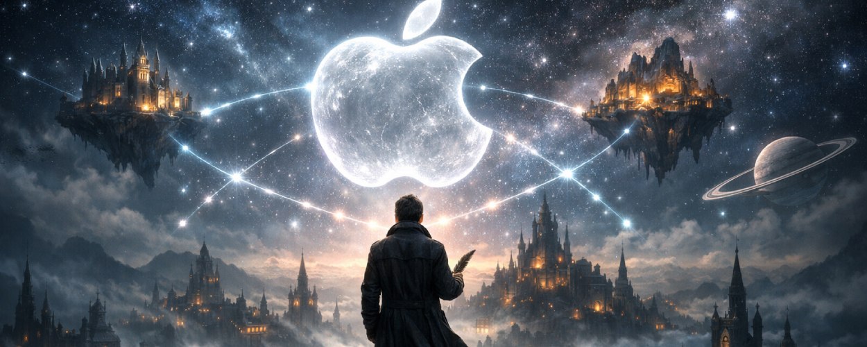 Ein Mann steht auf einem Stapel Bücher über den Lichtern einer riesigen Fantasystadt und blickt hinauf zu einer leuchtenden Apfel-Sphäre am Himmel, um die mehrere schwebende Städte kreisen.