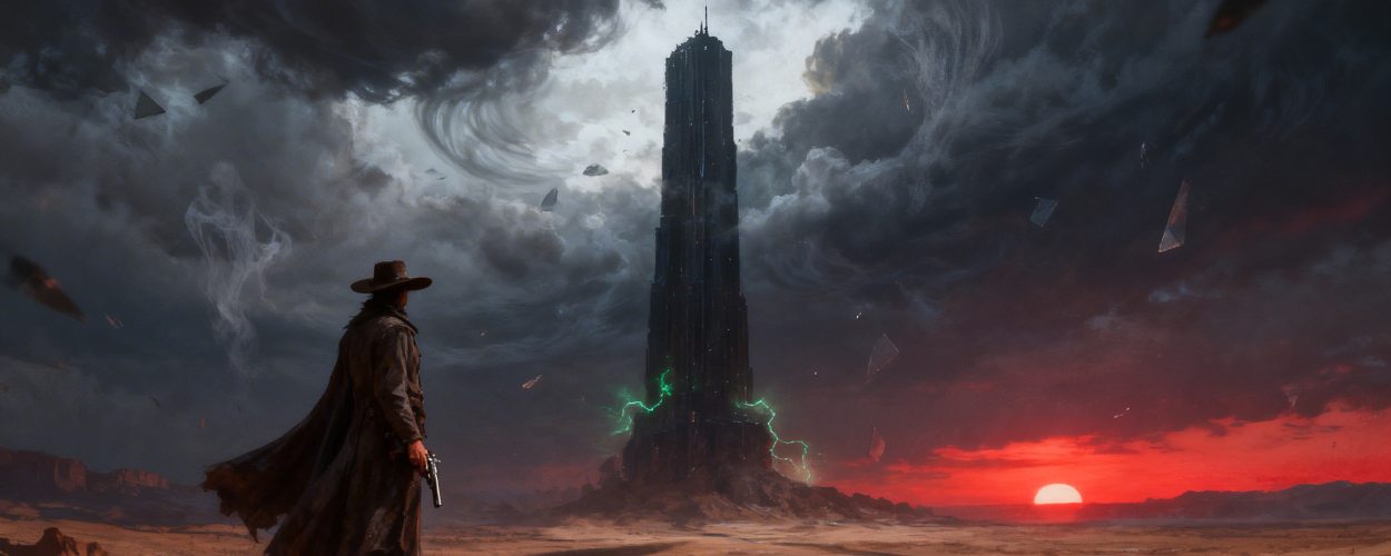 Einsamer Revolvermann steht in einer Wüstenlandschaft vor einem gewaltigen dunklen Turm unter sturmverhangenem Himmel – Symbolbild für Stephen Kings „Der dunkle Turm“ als Serienadaption.