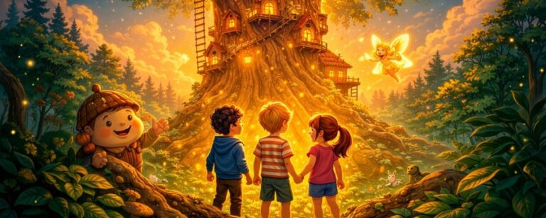 Drei Kinder stehen staunend vor einem riesigen, leuchtenden Wunderweltenbaum, in dessen Stamm viele kleine Häuschen und Laternen eingebaut sind, während eine freundliche Fee und ein Waldwesen sie begrüßen.