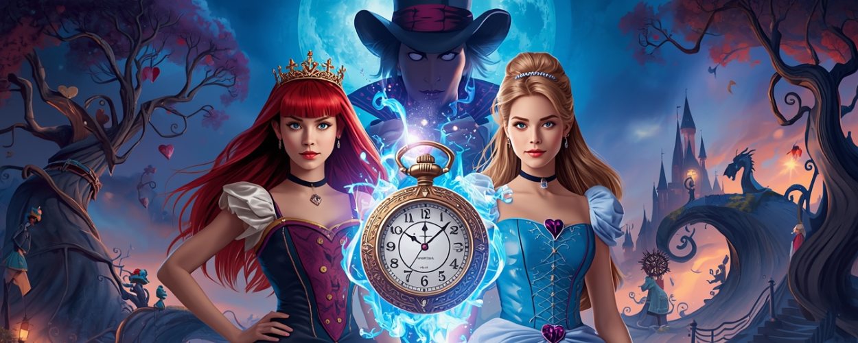 Red und Chloe stehen im Wunderland vor einer leuchtenden, magischen Taschenuhr, während der Schatten des Hutmachers über ihnen lauert – Symbolbild zu Descendants 5: Wicked Wonderland.