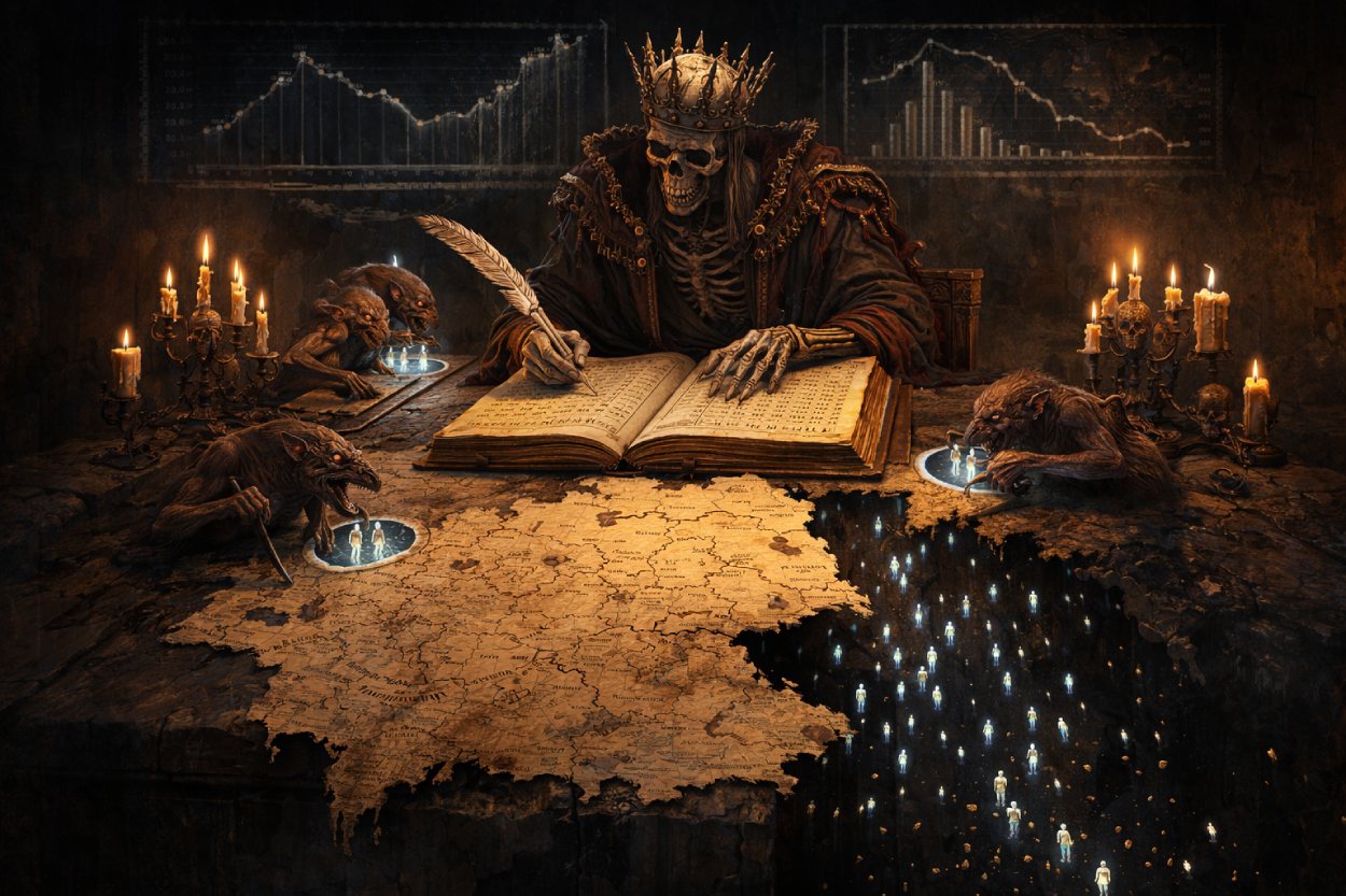 Düstere Szene in einer unterirdischen Halle: In der Mitte sitzt ein Skelettkönig mit Krone und zerfetzten königlichen Gewändern an einem schweren Steintisch, vor ihm ein großes, aufgeschlagenes Buch, in das er mit einer Knochenfeder schreibt. Auf dem Tisch liegt eine alte Karte von Deutschland, deren rechter Rand abbricht, darunter stürzen viele kleine weiß leuchtende Menschengestalten in einen schwarzen Abgrund. Um den Tisch hocken drei dämonische Kreaturen über leuchtenden Kreisen, in denen winzige Menschenfiguren zu sehen sind. Im Hintergrund hängen an der Wand leuchtende Diagramme und Kurven, dazu brennende Kerzenleuchter.