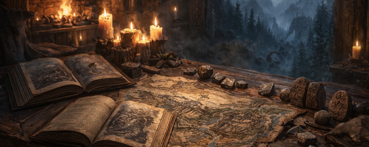 Nordisches Fantasy-Rollenspiel: Regelbücher, Runensteine und Würfel auf einem Holztisch, dahinter ein nebeliger Wald in Trudvang.