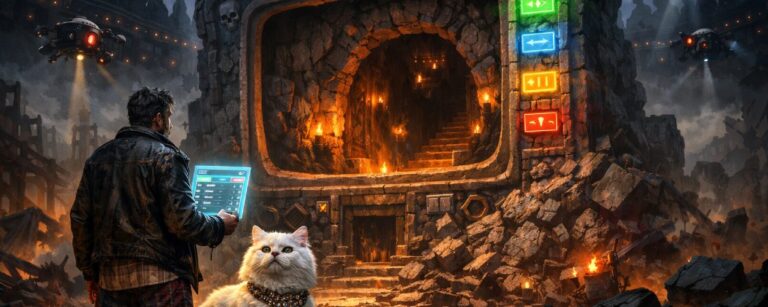 Ein Mann in Boxershorts und eine Perserkatze stehen vor einem gigantischen Dungeon-Eingang in TV-Form, über ihnen schweben Alien-Zuschauer und Kameradrohnen.