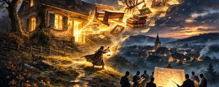 Abendliche Fantasy-Szene: Vor einer alten Dorfschule auf einem Hügel strömen leuchtende Erinnerungsobjekte – Schulbank, Spinnrad, Bücher, Fotos, lose Blätter – als goldener Strom in den Himmel, während eine Gestalt mit Laterne versucht, sie zurückzuhalten; unten am Hang steht eine Gruppe dunkler, gesichtsloser Anzugträger um einen großen Plan, im Hintergrund ein Dorf im Dunst.