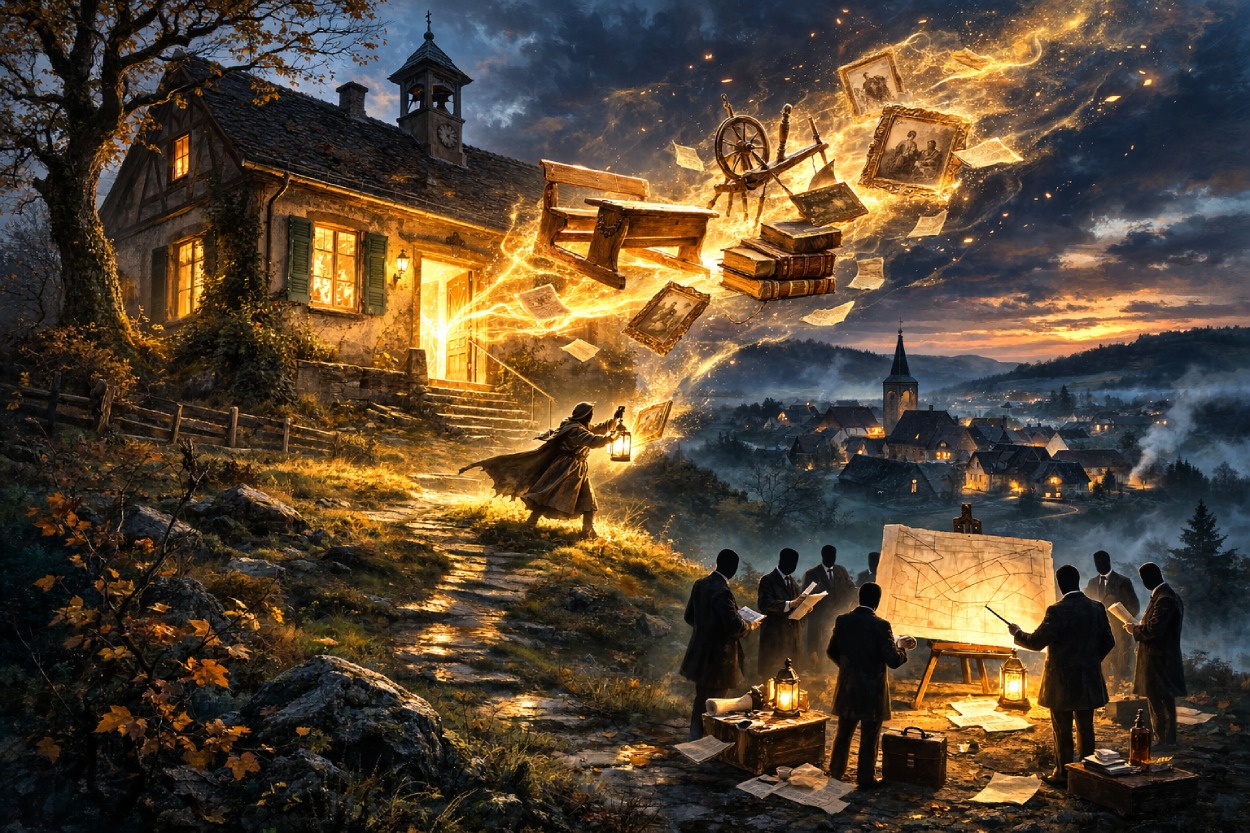 Abendliche Fantasy-Szene: Vor einer alten Dorfschule auf einem Hügel strömen leuchtende Erinnerungsobjekte – Schulbank, Spinnrad, Bücher, Fotos, lose Blätter – als goldener Strom in den Himmel, während eine Gestalt mit Laterne versucht, sie zurückzuhalten; unten am Hang steht eine Gruppe dunkler, gesichtsloser Anzugträger um einen großen Plan, im Hintergrund ein Dorf im Dunst.