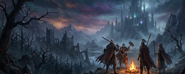 Vier Krieger sitzen nachts an einem Lagerfeuer auf einer Klippe und blicken auf eine dunkle Fantasy-Landschaft aus Wäldern, Ruinen und Bergen hinab.