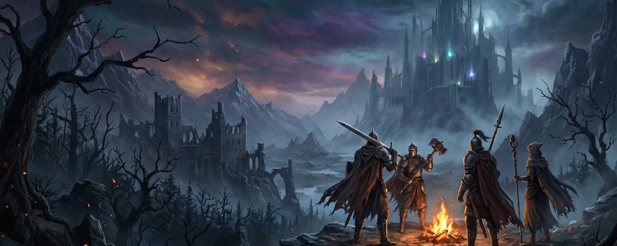 Vier Krieger sitzen nachts an einem Lagerfeuer auf einer Klippe und blicken auf eine dunkle Fantasy-Landschaft aus Wäldern, Ruinen und Bergen hinab.