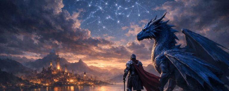 Ein Drachenreiter mit rotem Umhang steht mit einem blauen Drachen auf einer Felskante und blickt über einen See auf eine hell erleuchtete Fantasy-Stadt, über der am Nachthimmel ein drachenförmiges Sternbild leuchtet.