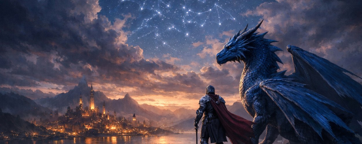Ein Drachenreiter mit rotem Umhang steht mit einem blauen Drachen auf einer Felskante und blickt über einen See auf eine hell erleuchtete Fantasy-Stadt, über der am Nachthimmel ein drachenförmiges Sternbild leuchtet.