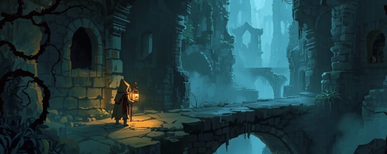 in kleiner, verhüllter Wanderer mit Laterne steht auf einer bröckelnden Steinbrücke in einem endlosen, nebeligen Ruinenlabyrinth.