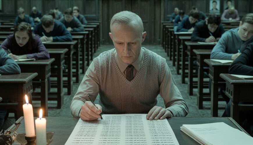Fotorealistischer, düsterer Prüfungssaal: In der Mitte sitzt ein blasser älterer Mann im Pullunder an einem Holzpult und schreibt konzentriert auf eine lange Liste voller Namen und Zahlen, neben ihm brennen zwei Kerzen. Hinter ihm sitzen Reihen von jungen Prüflingen an identischen Holztischen und schreiben, an der Saalwand hängen dicht gedrängt Hunderte gerahmte Porträtfotos früherer Jahrgänge.
