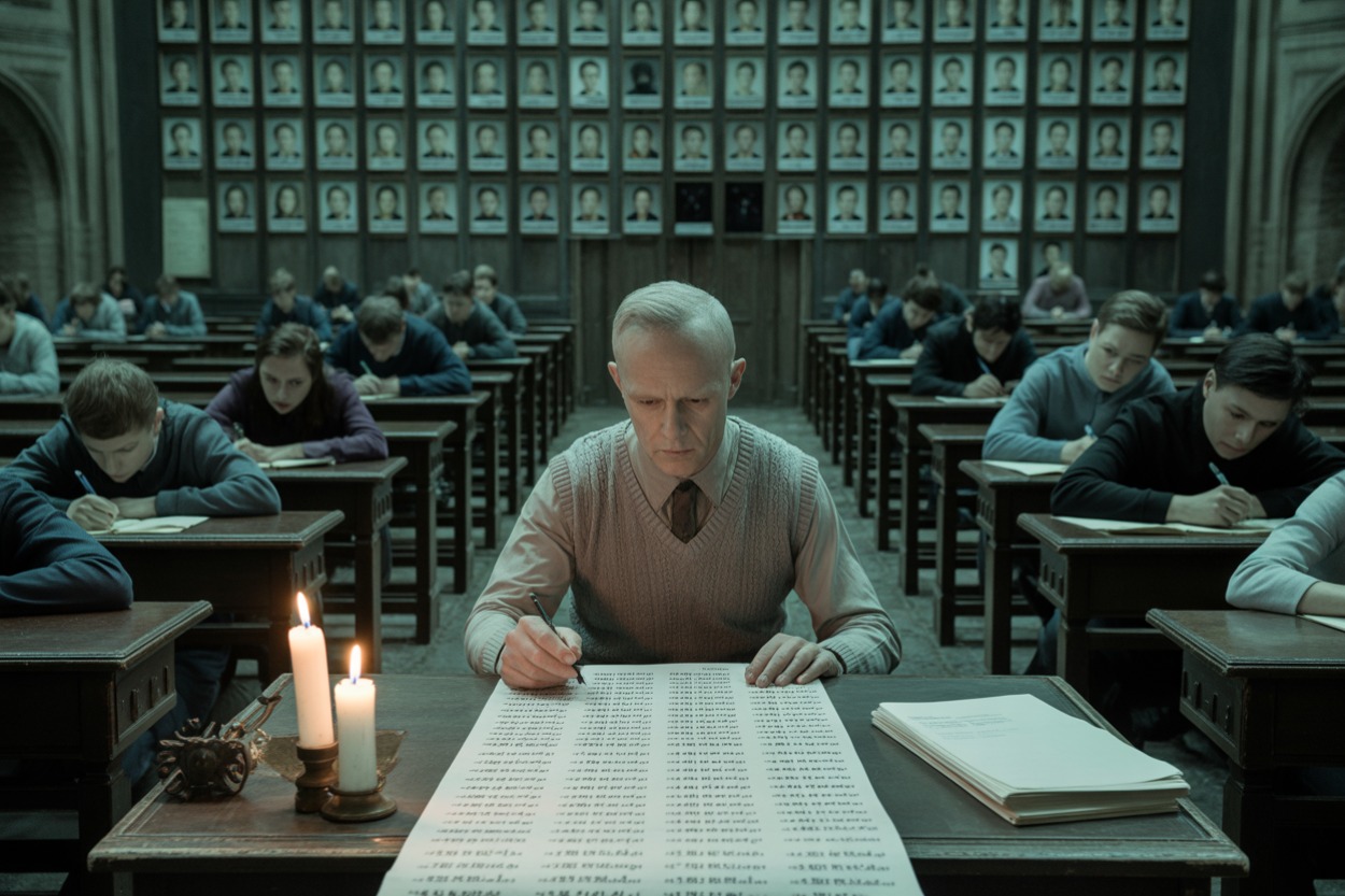Fotorealistischer, düsterer Prüfungssaal: In der Mitte sitzt ein blasser älterer Mann im Pullunder an einem Holzpult und schreibt konzentriert auf eine lange Liste voller Namen und Zahlen, neben ihm brennen zwei Kerzen. Hinter ihm sitzen Reihen von jungen Prüflingen an identischen Holztischen und schreiben, an der Saalwand hängen dicht gedrängt Hunderte gerahmte Porträtfotos früherer Jahrgänge.