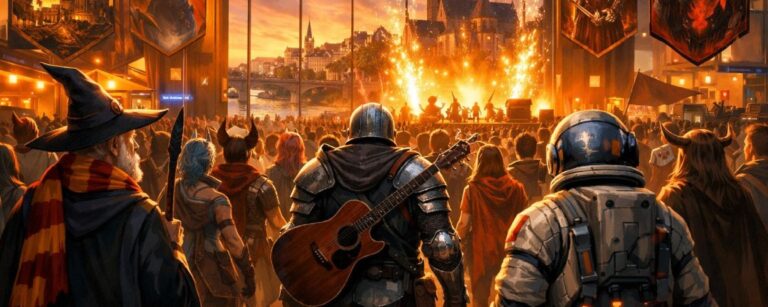 Eine Menschenmenge aus Cosplayern – Zauberer, Ritter mit Gitarre und Astronaut – blickt in einer Messehalle auf eine brennend beleuchtete Bühne, durch riesige Fenster ist Basel bei Sonnenuntergang zu sehen.