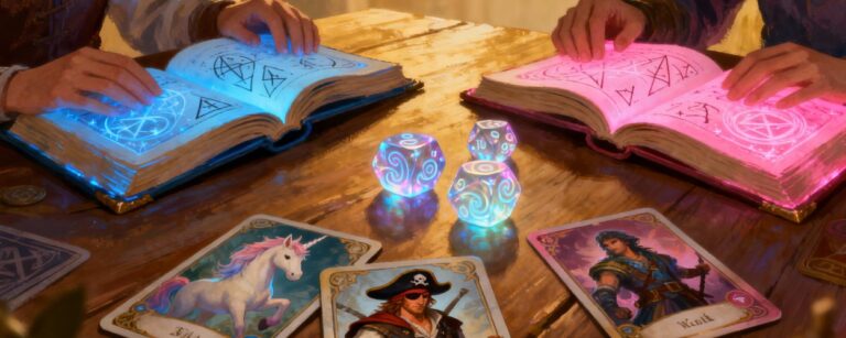 Zwei Spieler sitzen einander gegenüber und würfeln um bunte Fantasy-Figuren, die in ihrem gemeinsamen Buch in Fantasy Ink landen sollen.