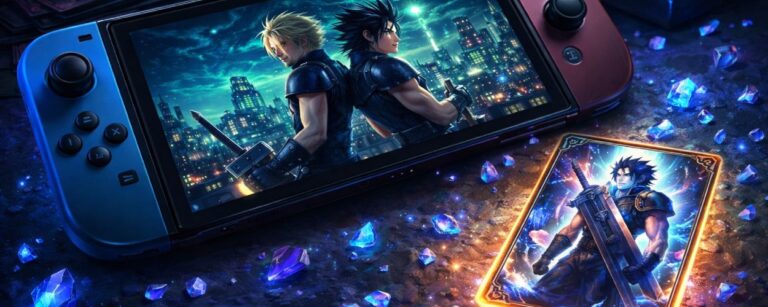 Eine Switch-2-ähnliche Konsole mit Final-Fantasy-Szene liegt neben einer leuchtenden Zack-Fair-Sammelkarte auf einem Tisch – Symbolbild für FF7 Rebirth und die exklusive Magic-Karte auf der Switch 2.