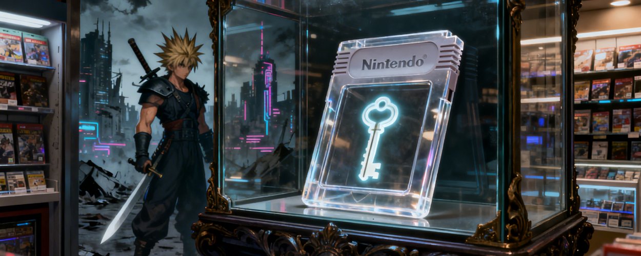 Eine nahezu leere Spielkarte in einer Vitrine, in der nur ein leuchtendes Schlüsselsymbol zu sehen ist – dahinter die schemenhafte Silhouette einer großen Final-Fantasy-Welt.