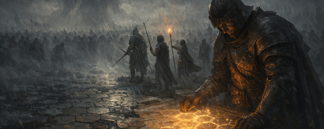 Eine erschöpfte Söldnertruppe steht auf einem hexfeldartigen Schlachtfeld einer dunklen Armee gegenüber – Symbolbild zu Fight Life: Vanguard.