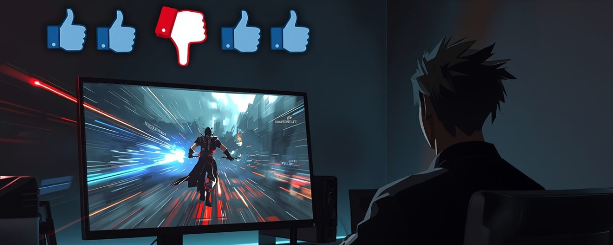 PC-Monitor mit überdreht schnellem Final-Fantasy-7-Kampf auf Steam, daneben schwebt ein roter Daumen nach unten als Symbol für den Shitstorm.