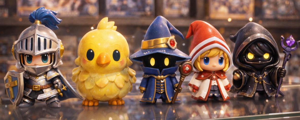 Fünf chibiartige Fantasy-Figuren – Ritter, gelber Vogel, blauer Magier, weißgekleidete Zauberin und dunkler Magier – stehen nebeneinander auf einem Glasregal vor unscharfen Spieleboxen.