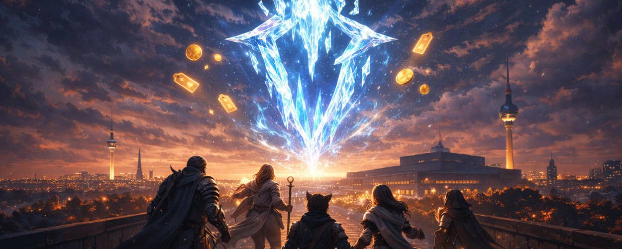 Gruppe von Fantasy-Abenteurern läuft über eine Brücke auf einen riesigen leuchtenden Kristall über der Berliner Skyline zu, umgeben von schwebenden Tickets und Münzen – Symbolbild für das Final Fantasy XIV Fan Festival 2026 in Berlin.