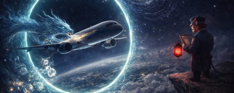 Fantastische Weltraumszene: Über der nächtlichen Erde schwebt ein Passagierflugzeug, das gerade durch einen riesigen, leuchtenden, türkisfarbenen Lichtkreis fliegt. Am linken Rand des Portals windet sich ein geisterhafter, blauer Drache aus Energie auf das Flugzeug zu. Rechts steht auf einem schmalen Felsvorsprung über den Wolken eine dämonenartige Figur in Uniform mit Klemmbrett und roter Laterne und beobachtet das Geschehen. Im Hintergrund sind Sterne, Galaxien und leuchtende Wolken zu sehen.