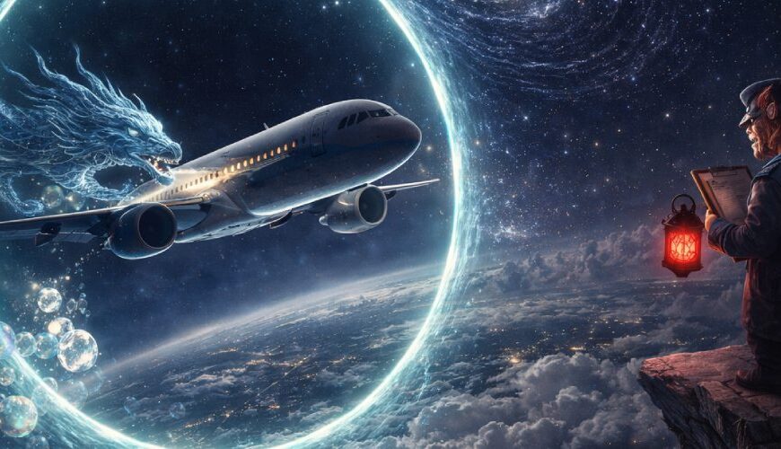 Fantastische Weltraumszene: Über der nächtlichen Erde schwebt ein Passagierflugzeug, das gerade durch einen riesigen, leuchtenden, türkisfarbenen Lichtkreis fliegt. Am linken Rand des Portals windet sich ein geisterhafter, blauer Drache aus Energie auf das Flugzeug zu. Rechts steht auf einem schmalen Felsvorsprung über den Wolken eine dämonenartige Figur in Uniform mit Klemmbrett und roter Laterne und beobachtet das Geschehen. Im Hintergrund sind Sterne, Galaxien und leuchtende Wolken zu sehen.