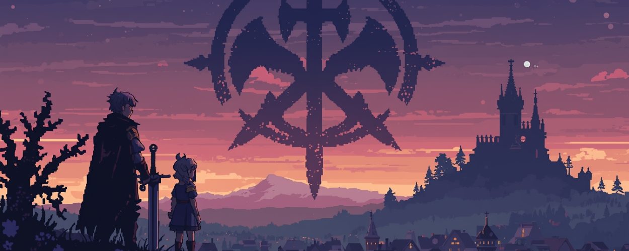 Pixelart-Szene mit Amane, Tia und einem Magier, die über einer Stadt im Abendlicht stehen, während ein magisches Symbol am Himmel leuchtet – Beitragsbild zu Fortuna Magus.