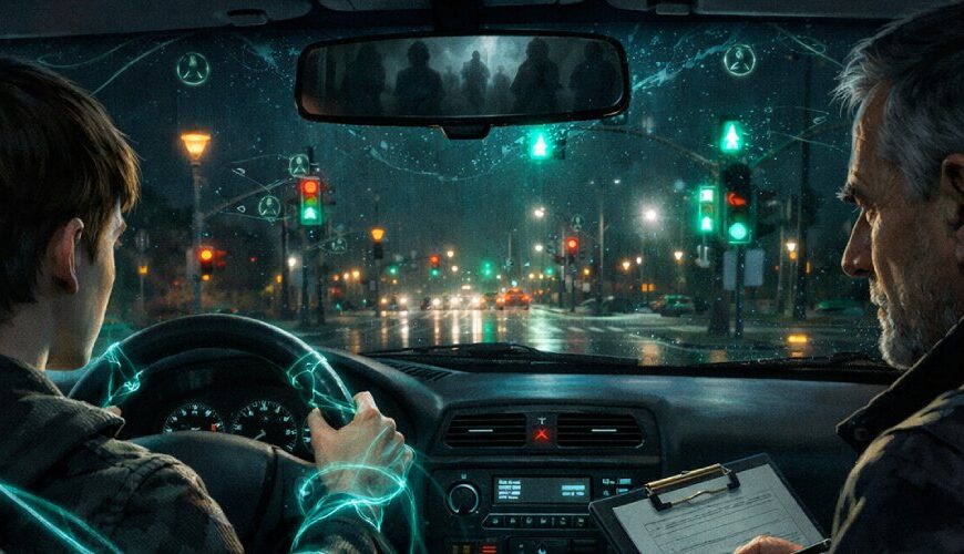 Innenansicht eines Autos bei Nacht: Ein junger Fahrschüler sitzt am Steuer, neben ihm ein älterer Prüfer mit Klemmbrett. Draußen sieht man eine nasse, von Ampeln erleuchtete Kreuzung. Um den Körper und die Hände des Fahrers sowie um Lenkrad und Schaltung winden sich leuchtende, blaugrüne Geisterarme und Energiefäden. Im Rückspiegel sind schemenhafte Gestalten vor den Lichtern der Straße zu erkennen.