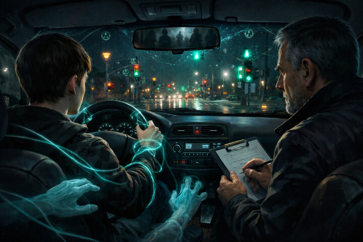 Innenansicht eines Autos bei Nacht: Ein junger Fahrschüler sitzt am Steuer, neben ihm ein älterer Prüfer mit Klemmbrett. Draußen sieht man eine nasse, von Ampeln erleuchtete Kreuzung. Um den Körper und die Hände des Fahrers sowie um Lenkrad und Schaltung winden sich leuchtende, blaugrüne Geisterarme und Energiefäden. Im Rückspiegel sind schemenhafte Gestalten vor den Lichtern der Straße zu erkennen.