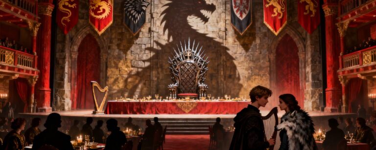 Theaterbühne mit einer riesigen Thronkulisse und Bannern der großen Häuser von Westeros, während Adelige an einem Bankett sitzen und im Hintergrund ein bedrohlicher Königsschatten aufragt.