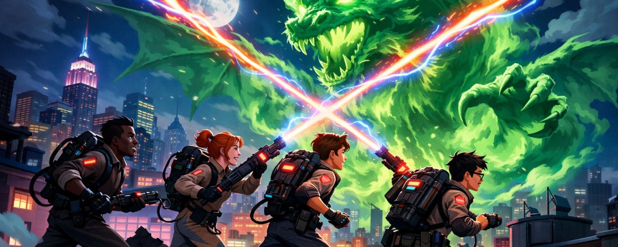 Vier animierte Ghostbusters rennen über ein New Yorker Dach und feuern ihre Protonenstrahlen auf einen riesigen grünen Geisterdrachen, der über der Stadt aufragt.
